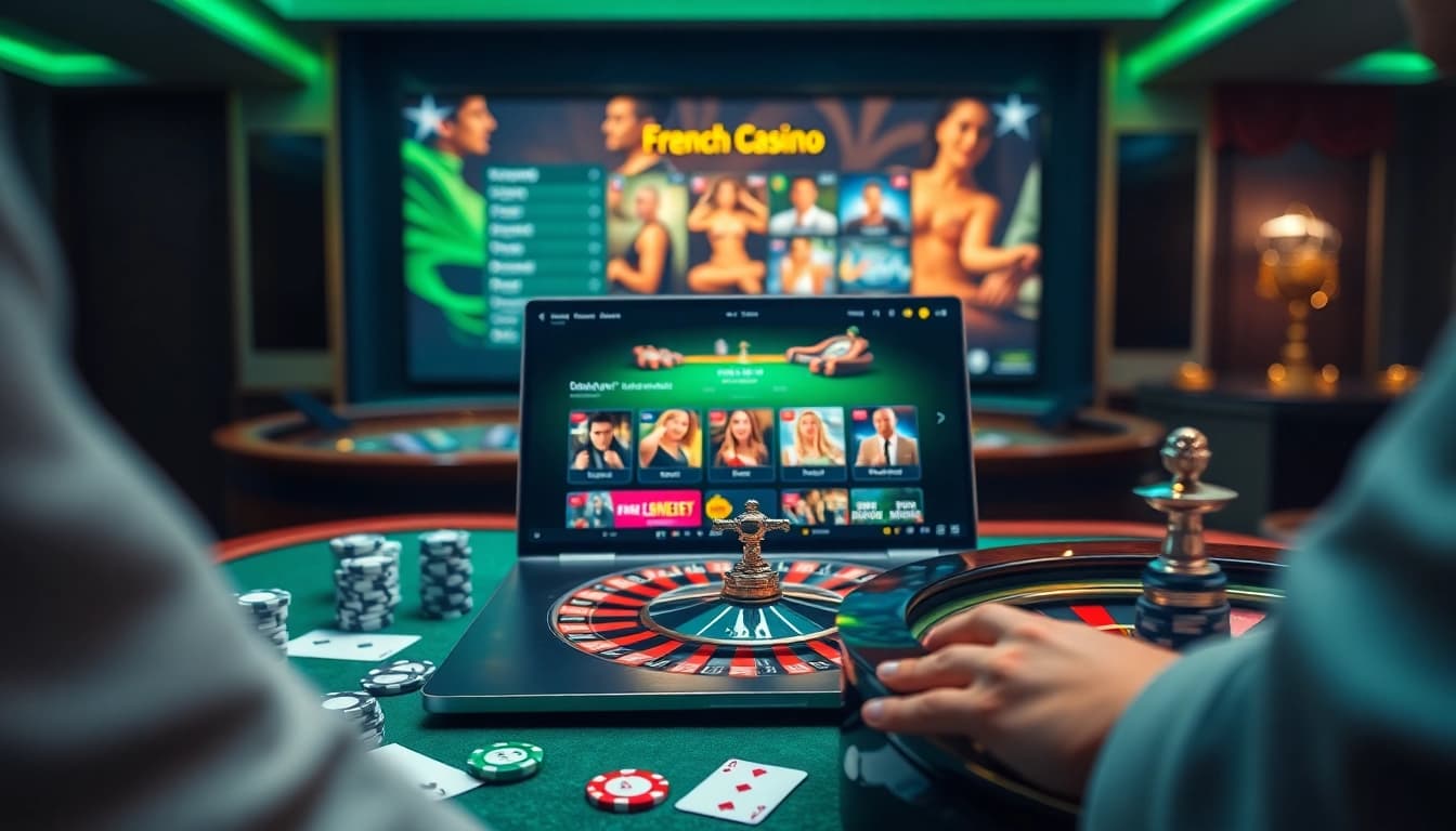 Découvrez une scène de casino en ligne Français palpitante avec des jetons de poker vibrants et une interface de jeu élégante.