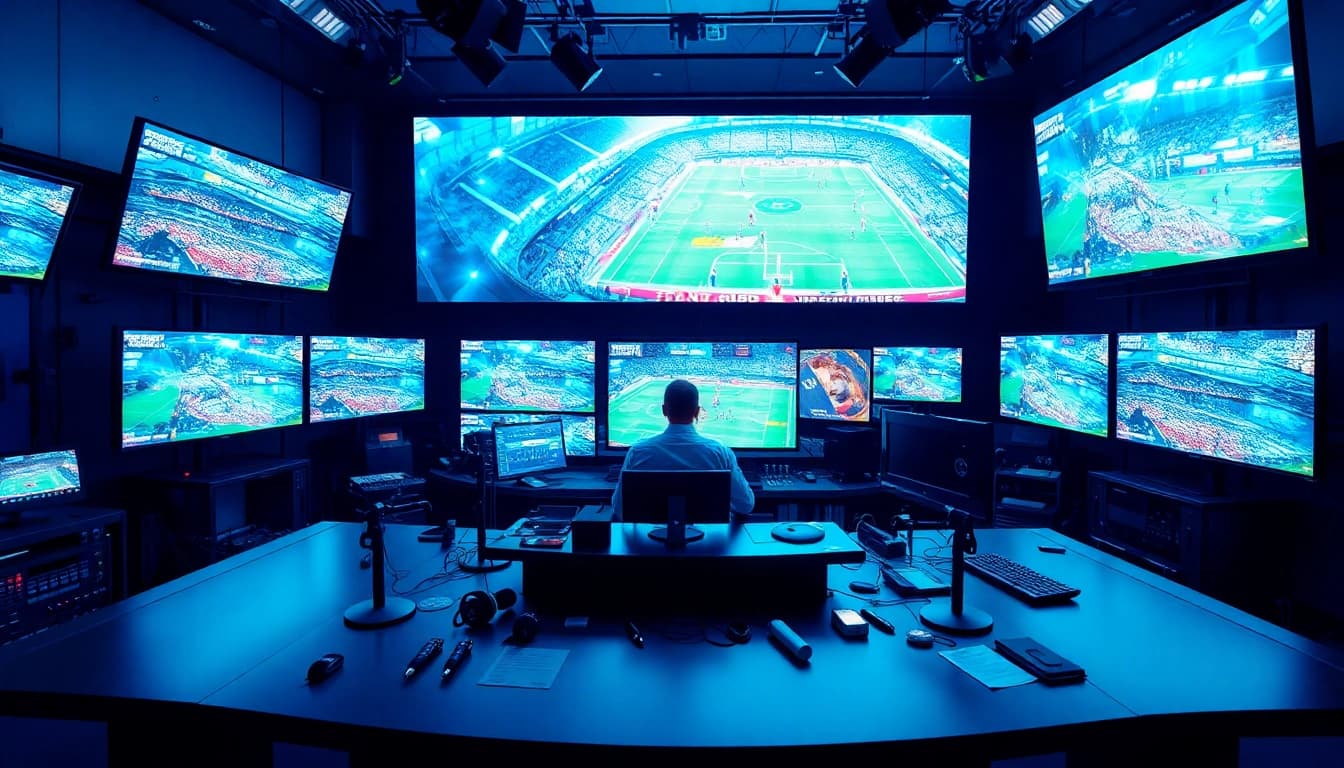 Engaging scene of Sports Broadcasting with announcer and tech equipment in a vibrant studio.