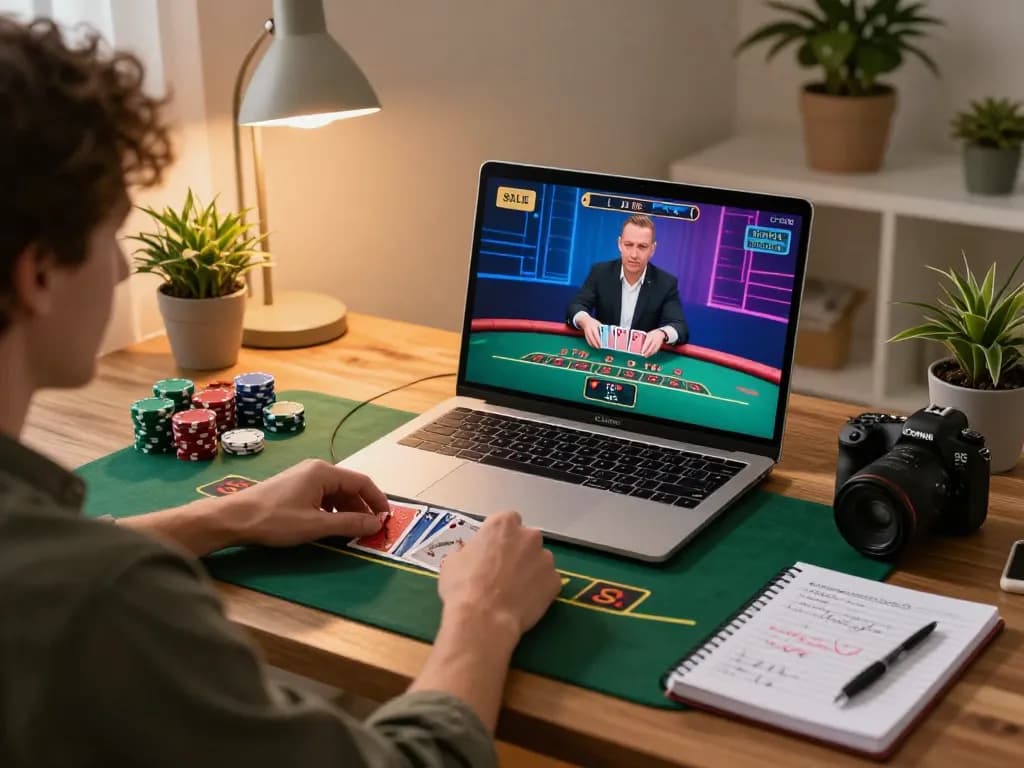Engaged player using TRANG CHỦ CM88 for live dealer blackjack, showcasing strategic betting in a cozy home setup