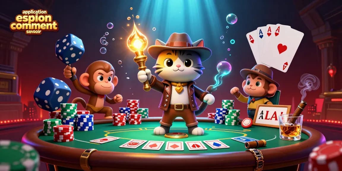 L'image montre une scène dynamique pour l'application espion comment savoir, mettant en scène un chat archéologue et un singe, avec des éléments de casino comme des jetons de poker et une table.
