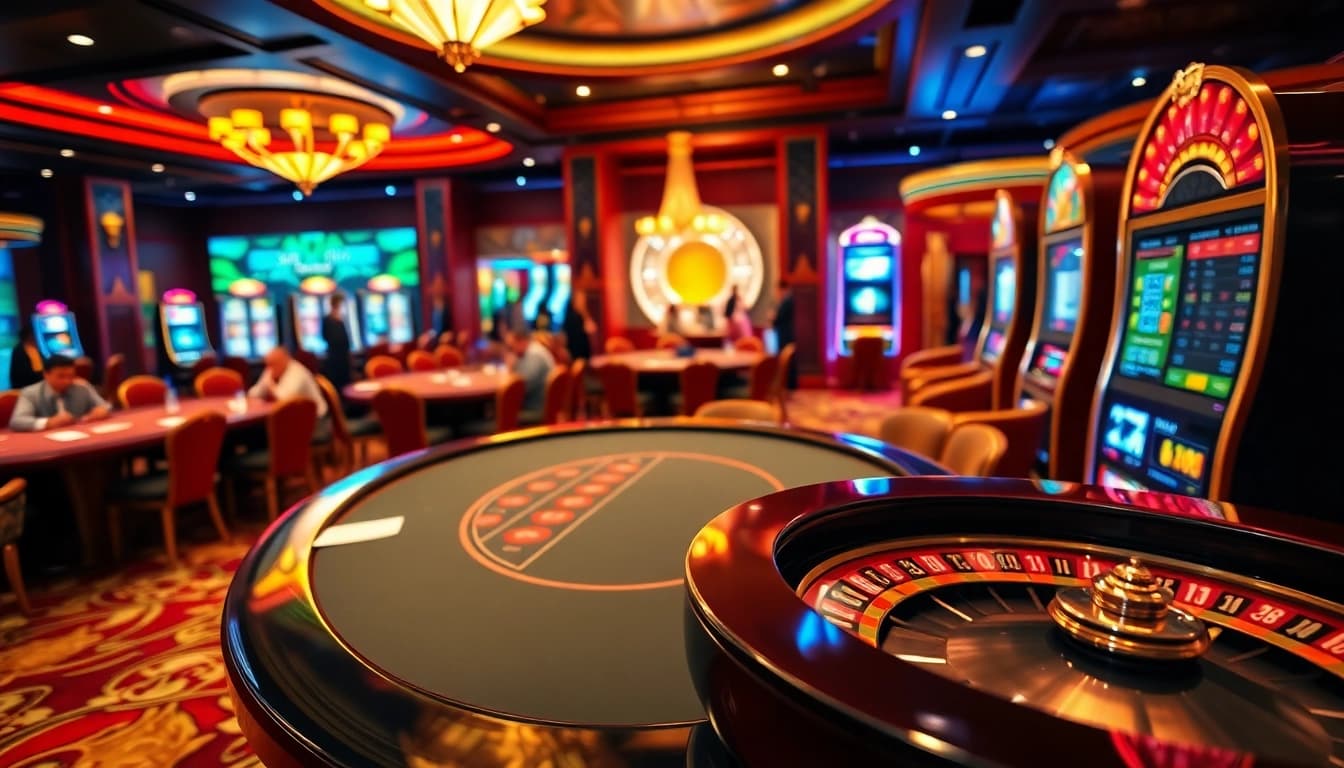 Atmosphère engageante au meilleur casino en ligne, avec des tables de jeux dynamiques et des joueurs concentrés.