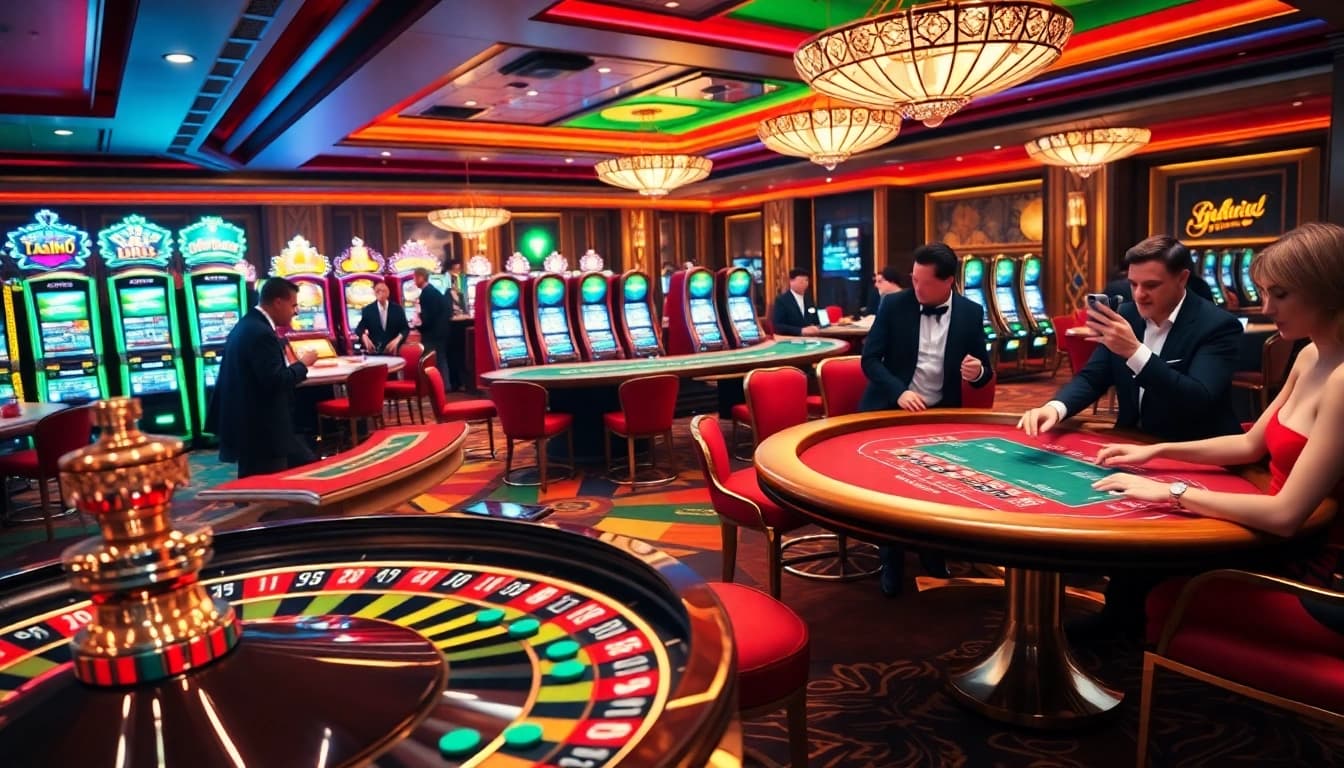 Une scène de casino dynamique montrant des joueurs engagés dans le casino en ligne argent réel France, mettant en avant l'excitation et la stratégie.