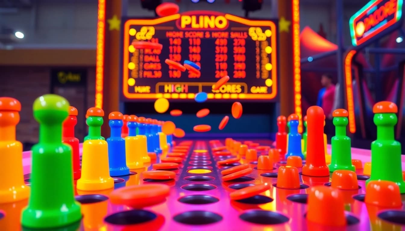 Menghadirkan plinko demo yang seru dengan bola jatuh melalui pin berwarna-warni di latar belakang.