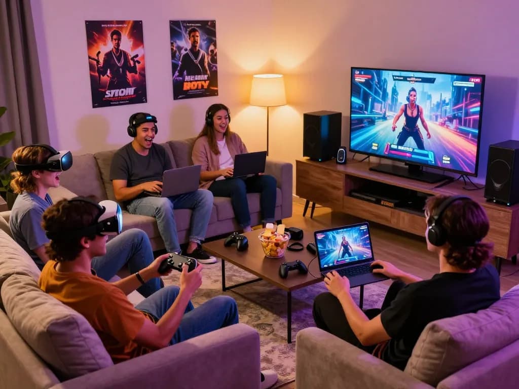 Excited adults enjoying real porn games in a cozy living room with gaming devices and snacks.