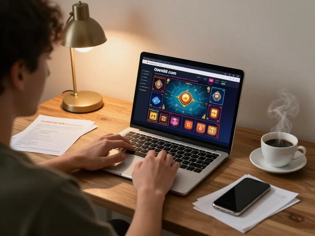 Engaging in online gaming with open88 com interface on laptop, showcasing responsible gaming setup.