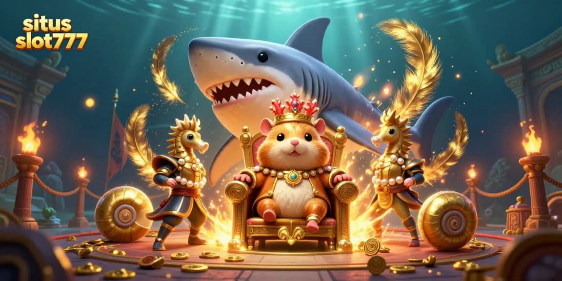 Menggenggam kesempatan menang dengan situs slot777, ilustrasi kasino bawah laut dengan simbol keberuntungan dan karakter unik.