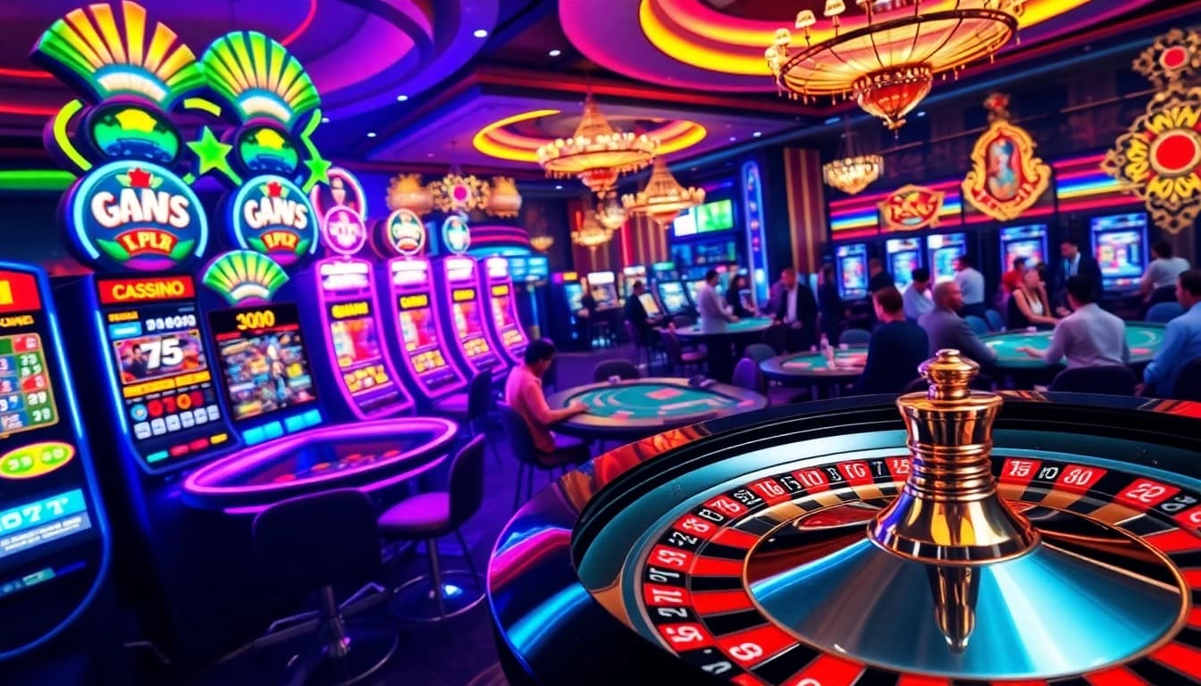 Scène excitante de casino en ligne français 2026 mettant en vedette des machines à sous interactives et des tables de poker.