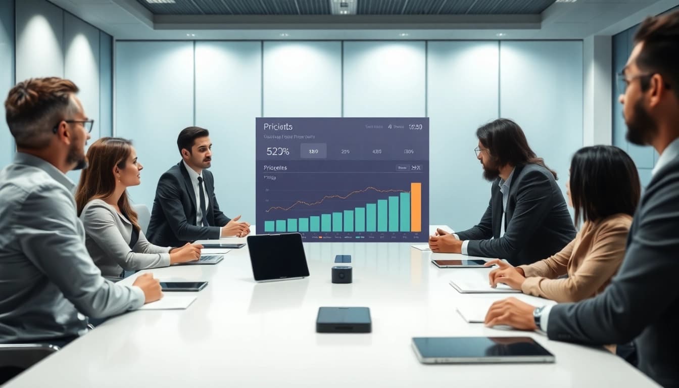 Analyze competitor pricing in a professional business setting with charts and discussions.