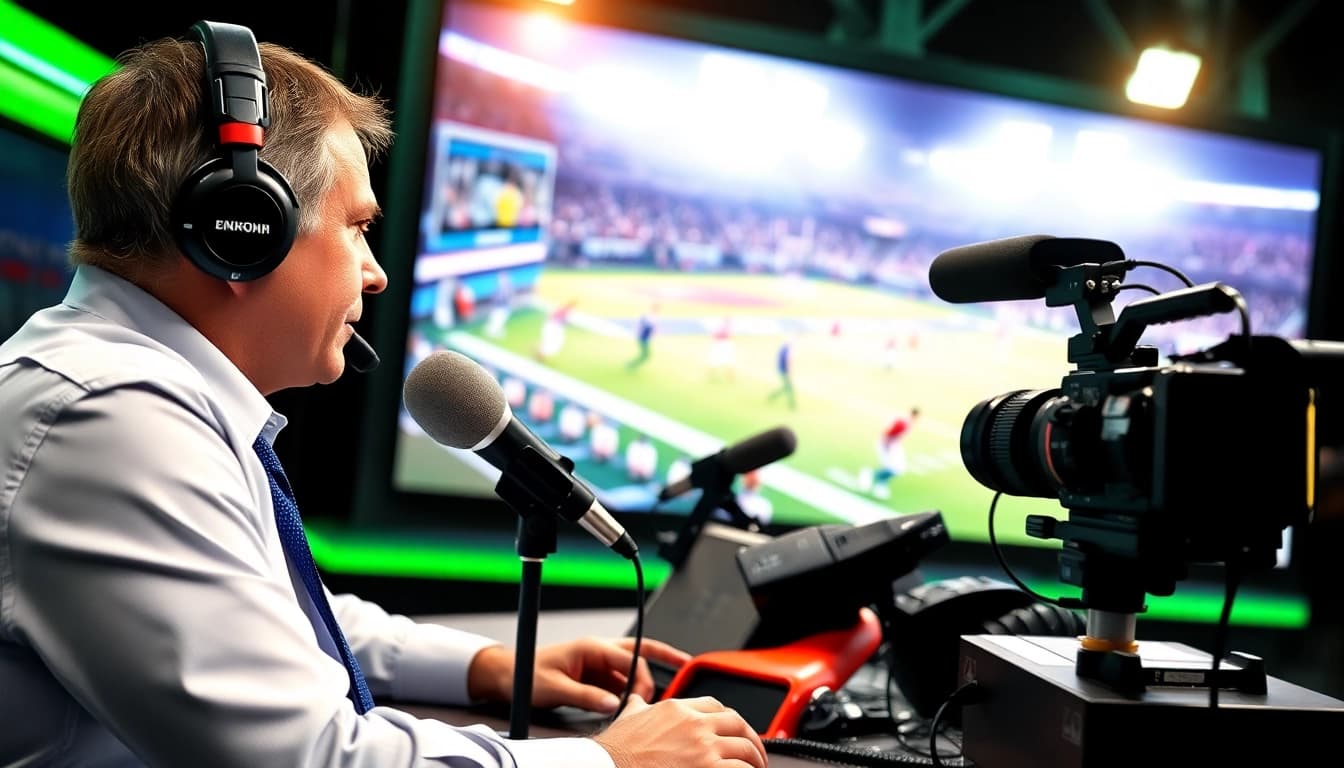 Engaging sports broadcasting scene with commentator analyzing live game footage.