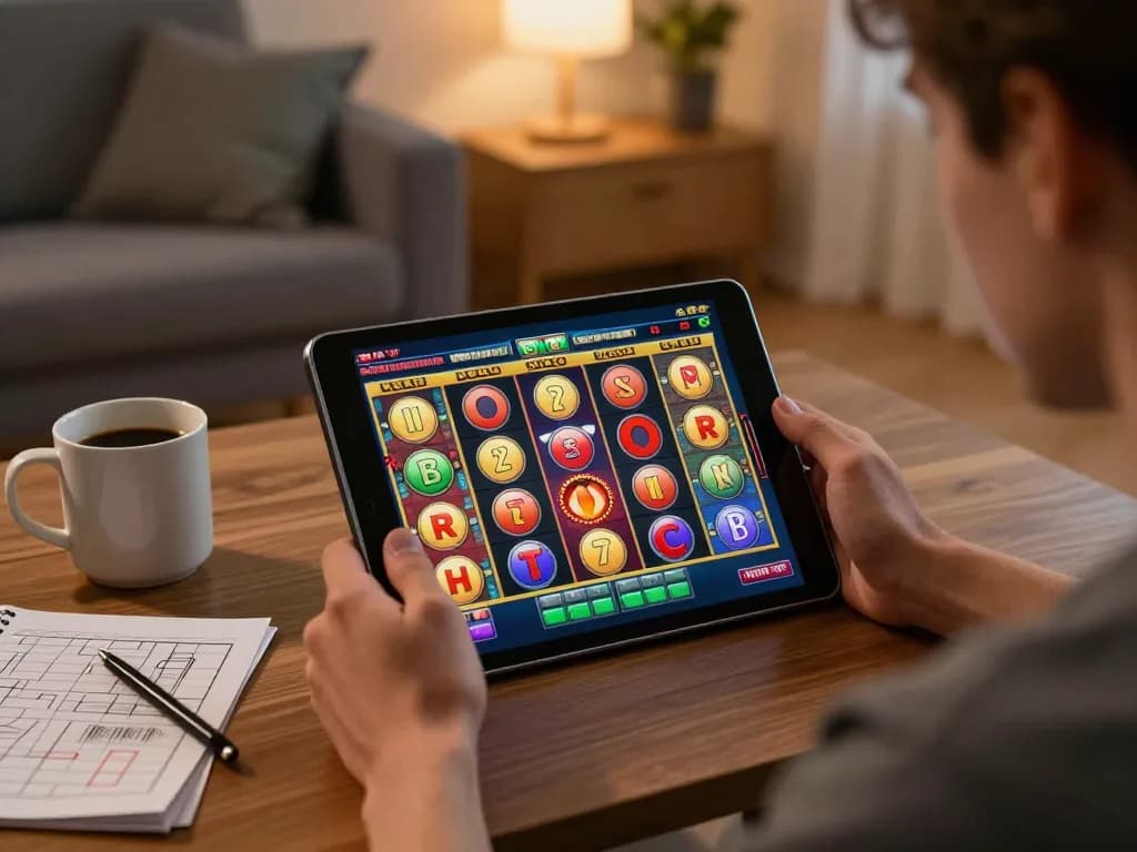 Engaging in slot depo 10k gaming session at home with tablet and betting strategy notes.