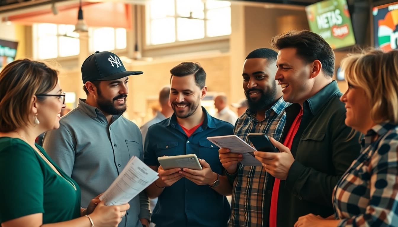 Engaged bettors discussing options at sportsbooks in Texas in an energetic sports bar setting.