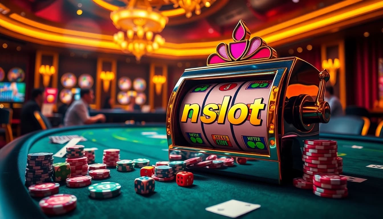 Engaging scene of players at the idnslot casino with vibrant games and luxurious decor.