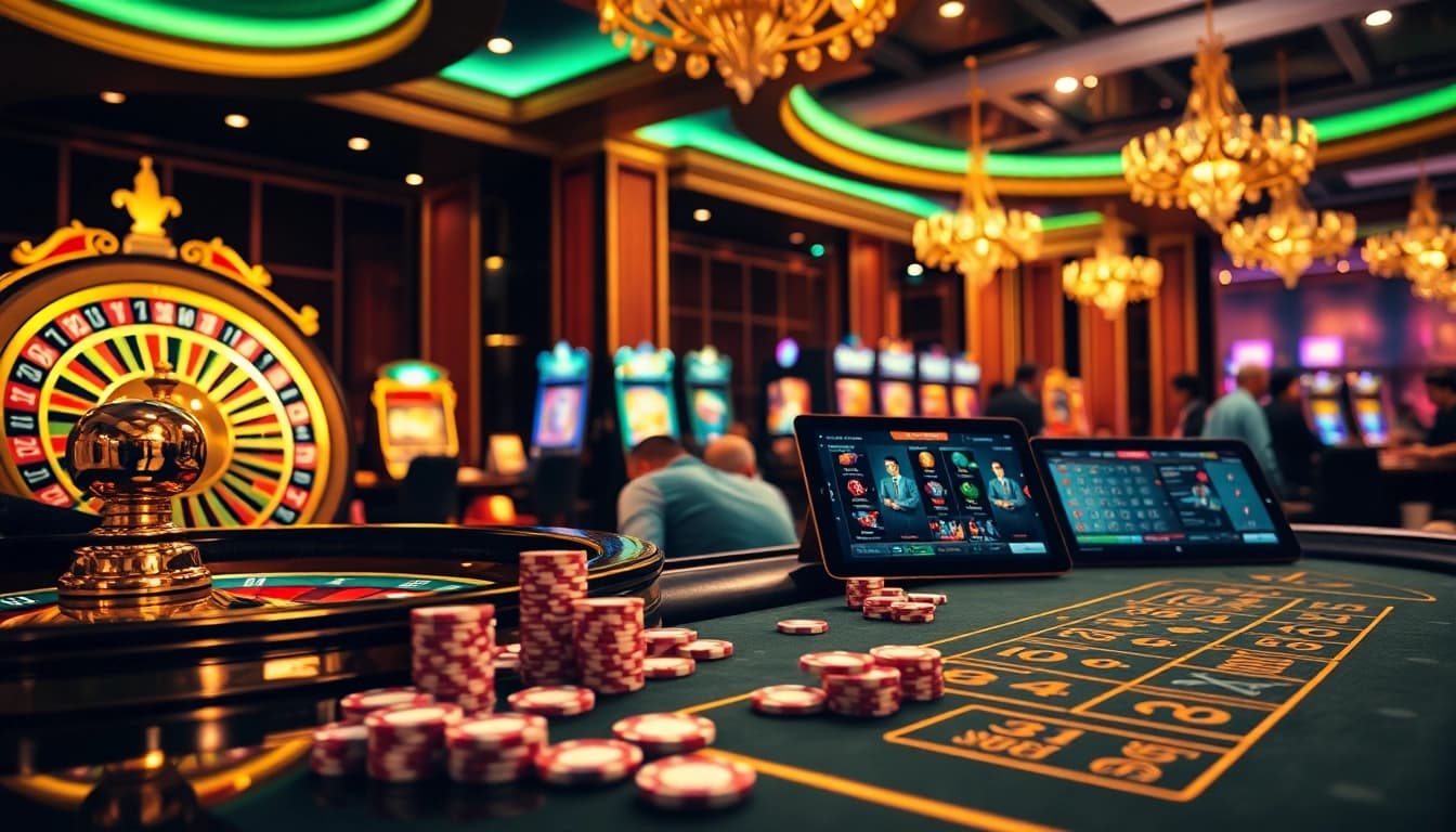 Des joueurs vivant des moments palpitants aux tables de casino en ligne français, entourés de machines à sous vibrantes.