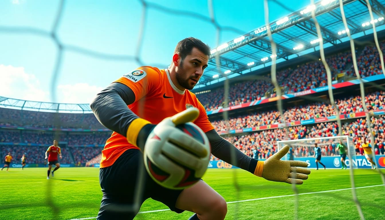 Experience the thrill of บอลโลกวันนี้ with a goalkeeper's intense save captured in action.