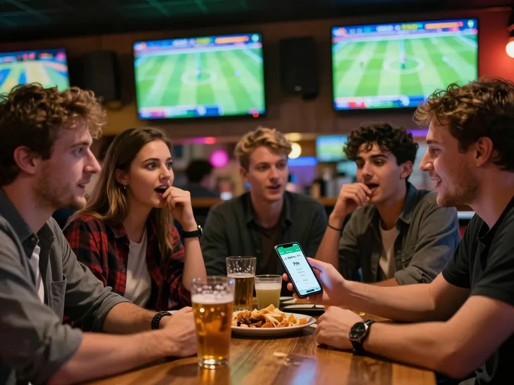Friends engaging in sports betting with 7m app during live matches.