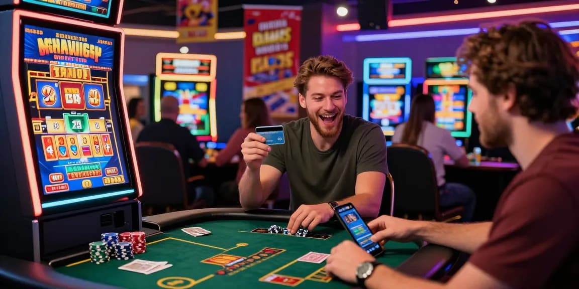 BRCS credit card casinos gaming scene with players celebrating wins and engaging with games.