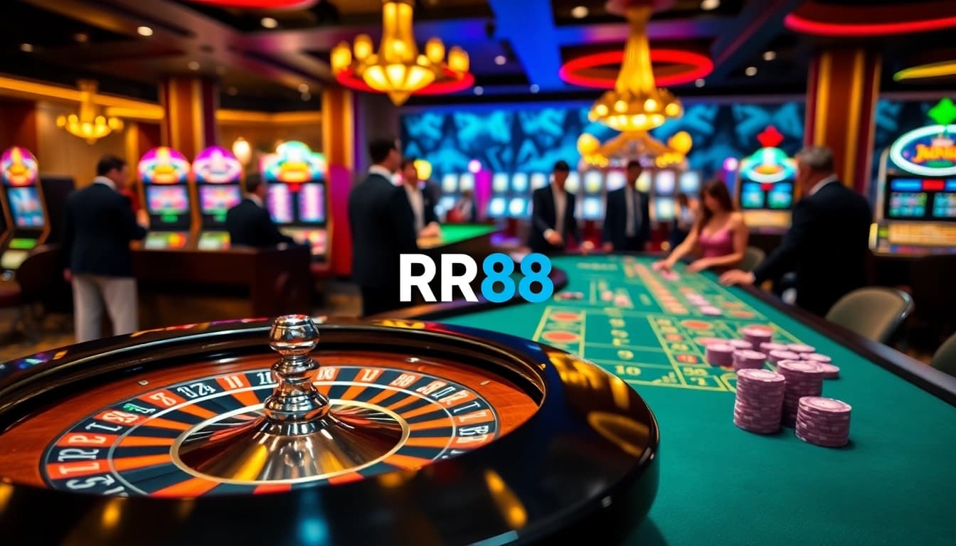 RR88 casino players enjoying a thrilling game with roulette and poker tables.