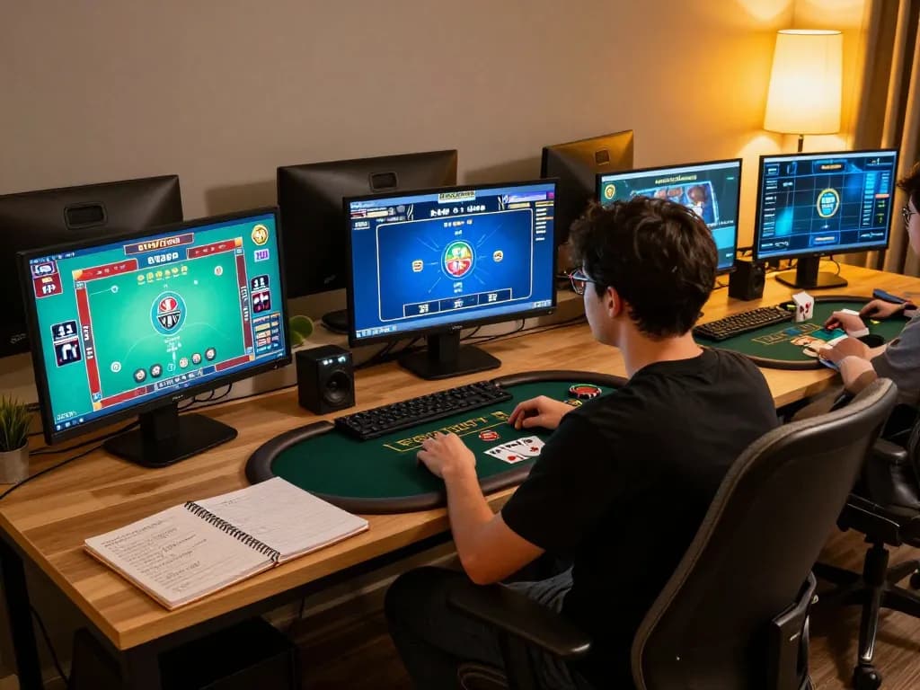 Player engaging in online poker gameplay on ev99 com, showcasing strategy notes and gaming setup.