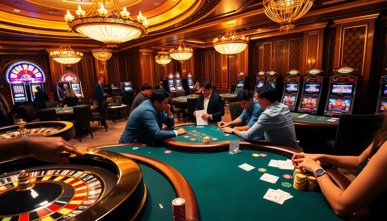 RR88 players enjoying an immersive casino experience at a vibrant gambling table.