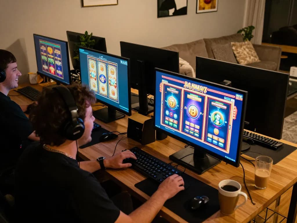 Engaged player experiencing slot gacor sore ini at home on vibrant online casino setup.