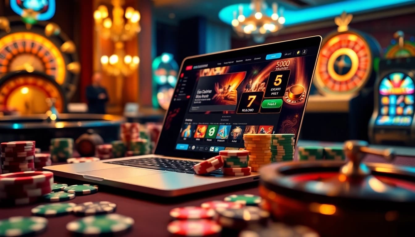 Visuel captivant d'un casino en ligne français luxueux avec des jetons de poker et une roue de roulette.