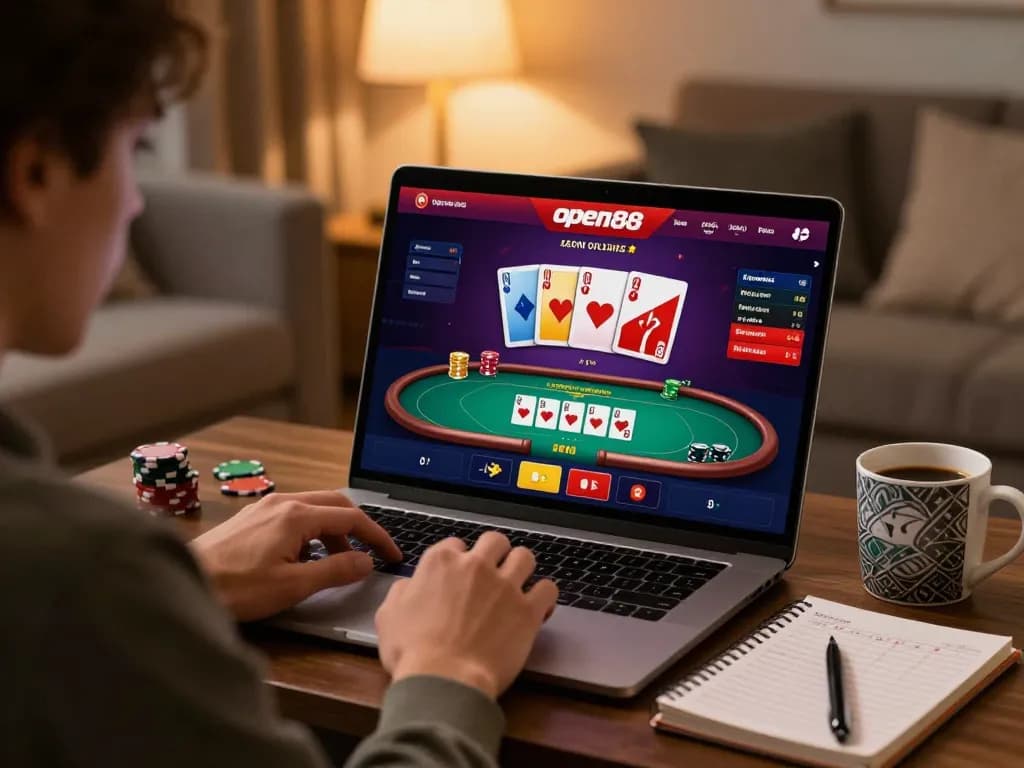Engaging scene of users at the open88 casino platform, showcasing a poker game on a laptop.