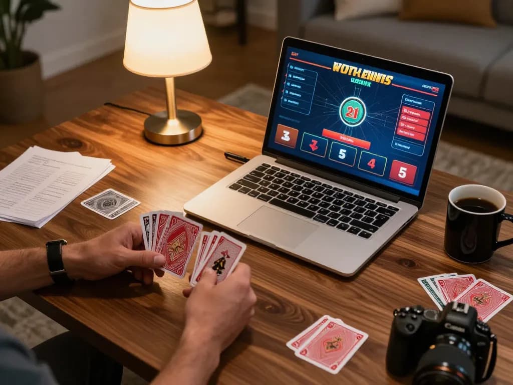 Engaging online blackjack action at TRANG CHỦ MB88 with players holding cards, showcasing a strategic gaming moment.