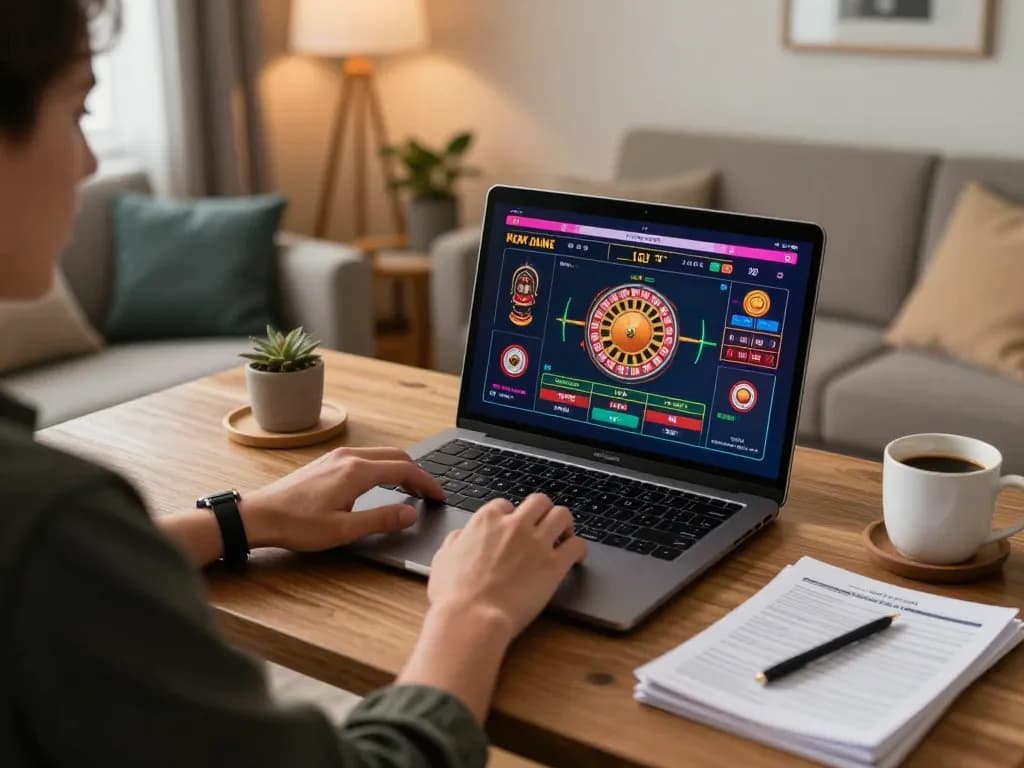 F168 player strategizing for online roulette with a laptop and notes in cozy home office.