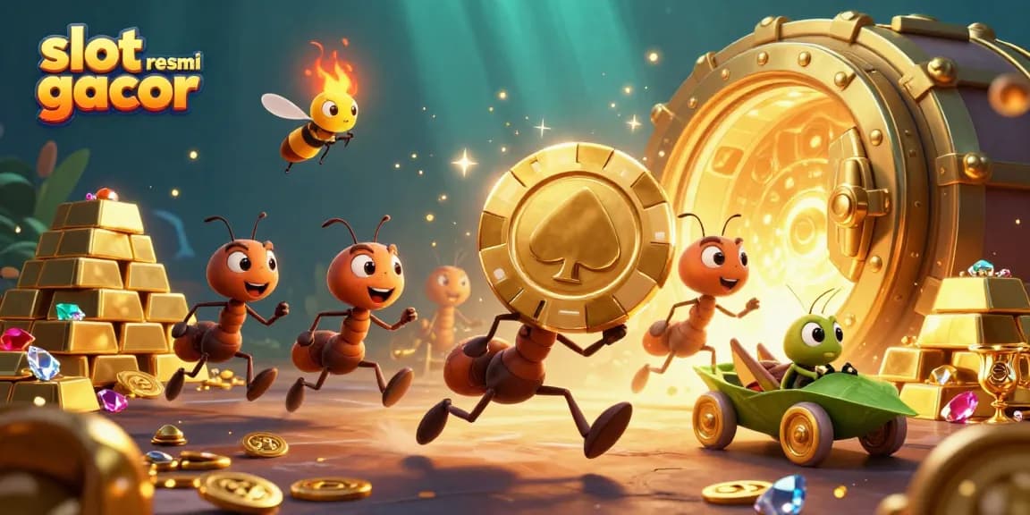 Ants stealing a giant golden poker chip in a vibrant casino-themed scene, illustrating slot resmi gacor.