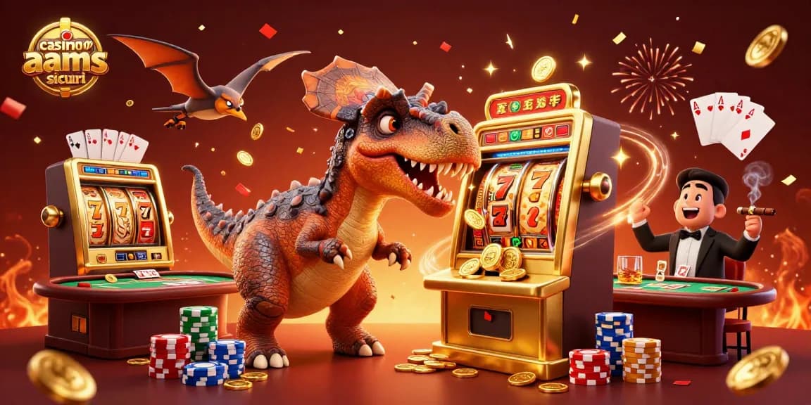 I casinò non AAMS sicuri offrono emozioni e premi, con un pachicefalosaurus che colpisce una slot machine mentre un ankylosaurus agita la sua coda.