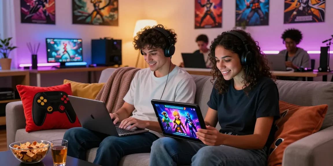 Group enjoying html porn games in a cozy gaming setup with snacks and vibrant ambiance.