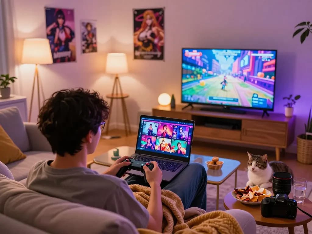 Engaging scene showcasing a user immersed in playing porno games on a laptop in a cozy gaming setup.