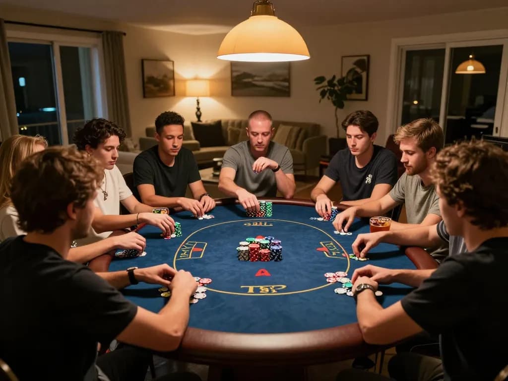 Enjoying a thrilling poker night with friends, showcasing kk55's home gambling experience.