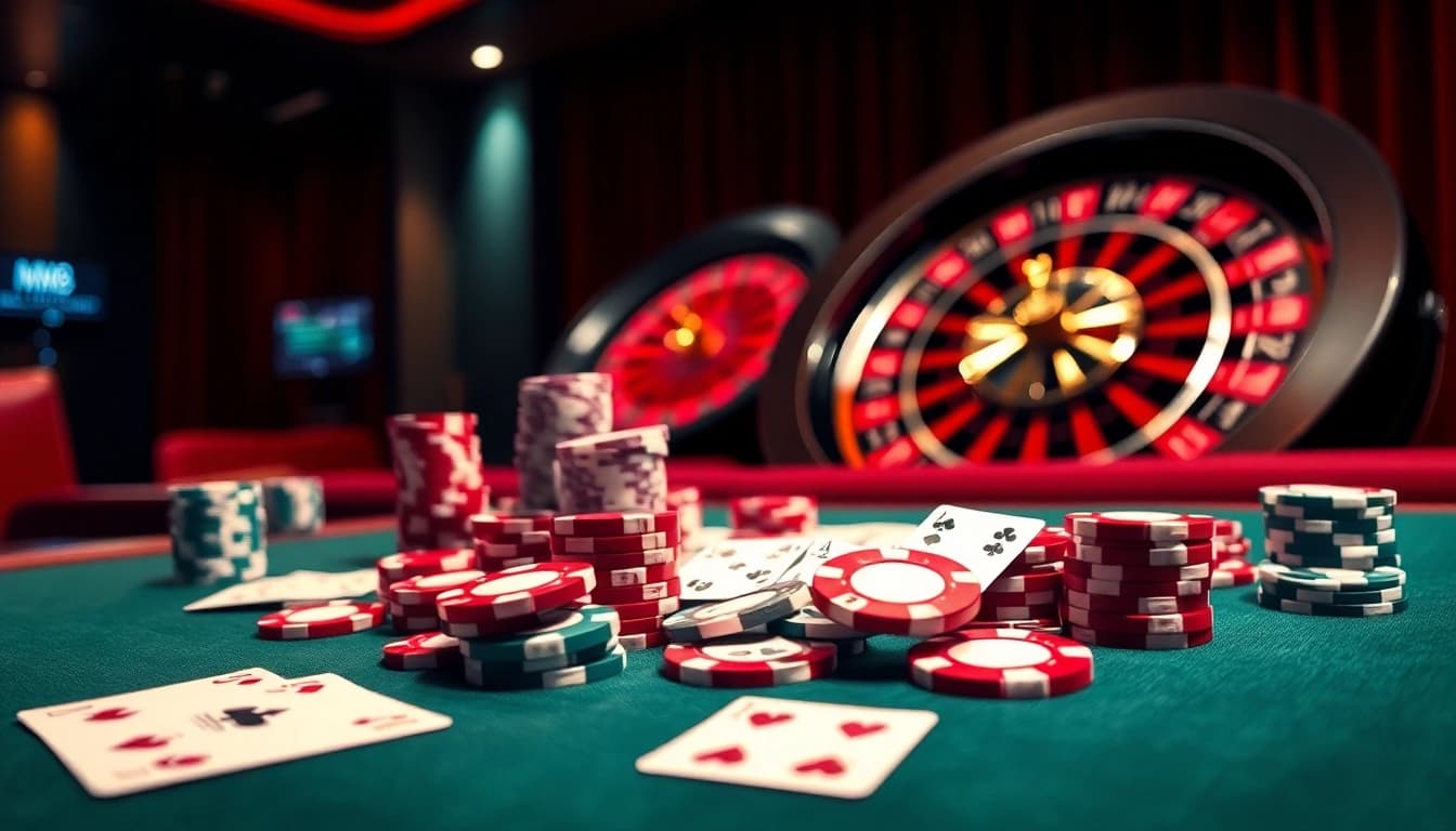 Experience thrilling gaming with https://mm88.today/, showcasing an exciting online casino atmosphere filled with poker chips and roulette.