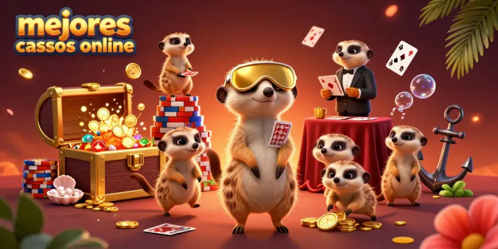 Explora los mejores casinos online con esta ilustración de un casino animado con suricatas y elementos de juego.