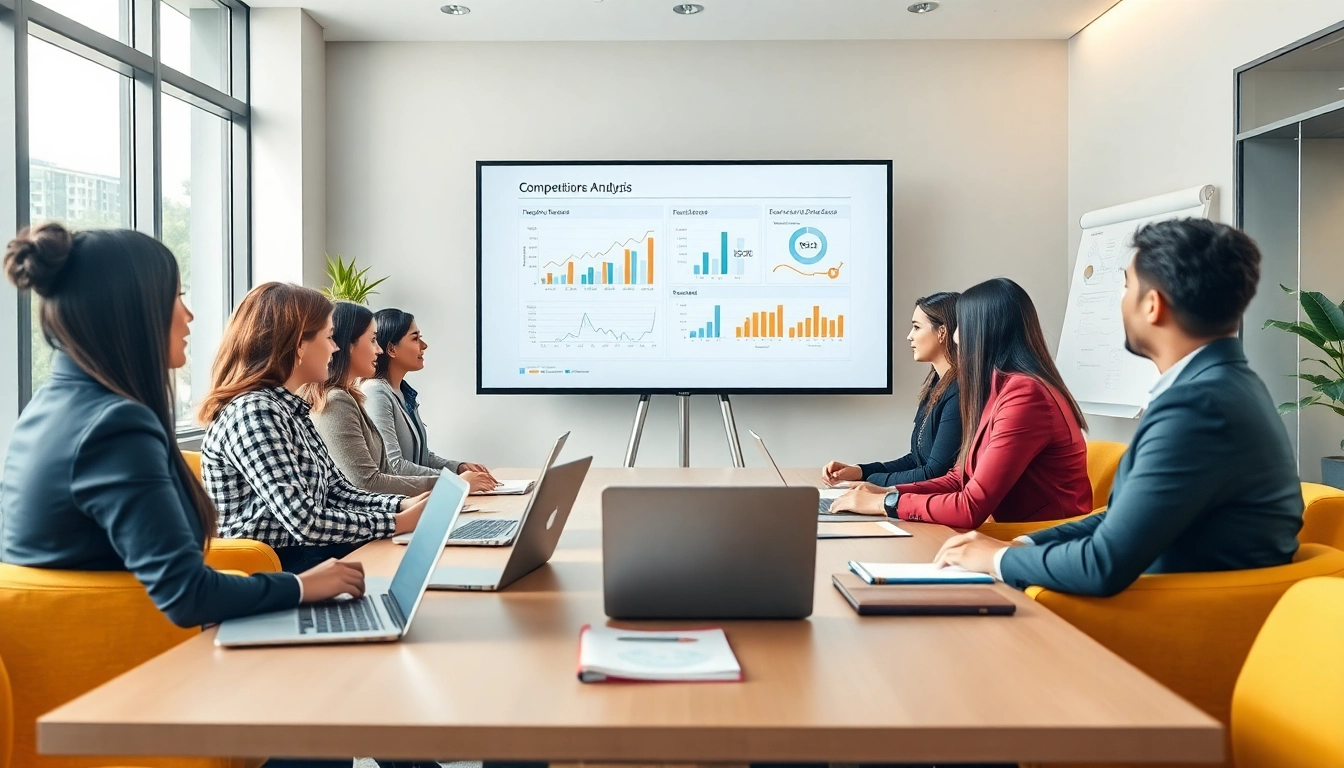Team analyzing competitor pricing strategies during a meeting with data visuals.