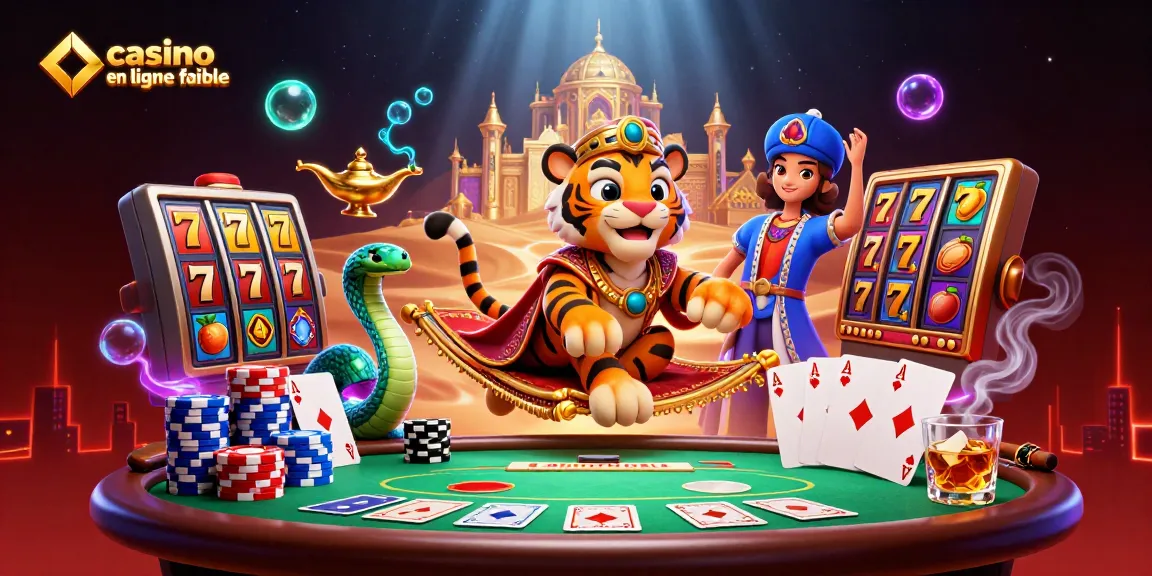 L'illustration d'un casino en ligne fiable présente un sultan tigre sur un tapis volant, entouré de jeux de cartes.