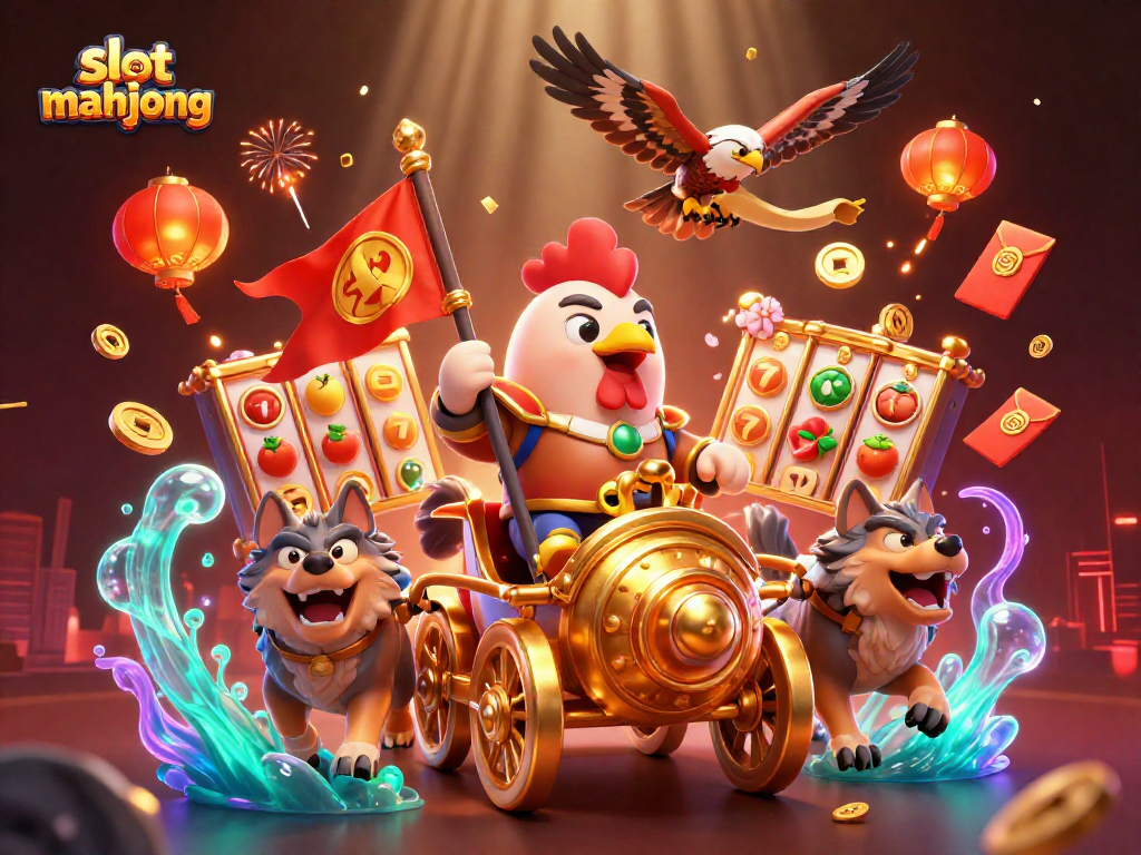 Engage with slot mahjong gameplay in a vibrant, energetic casino atmosphere led by a rooster warlord.