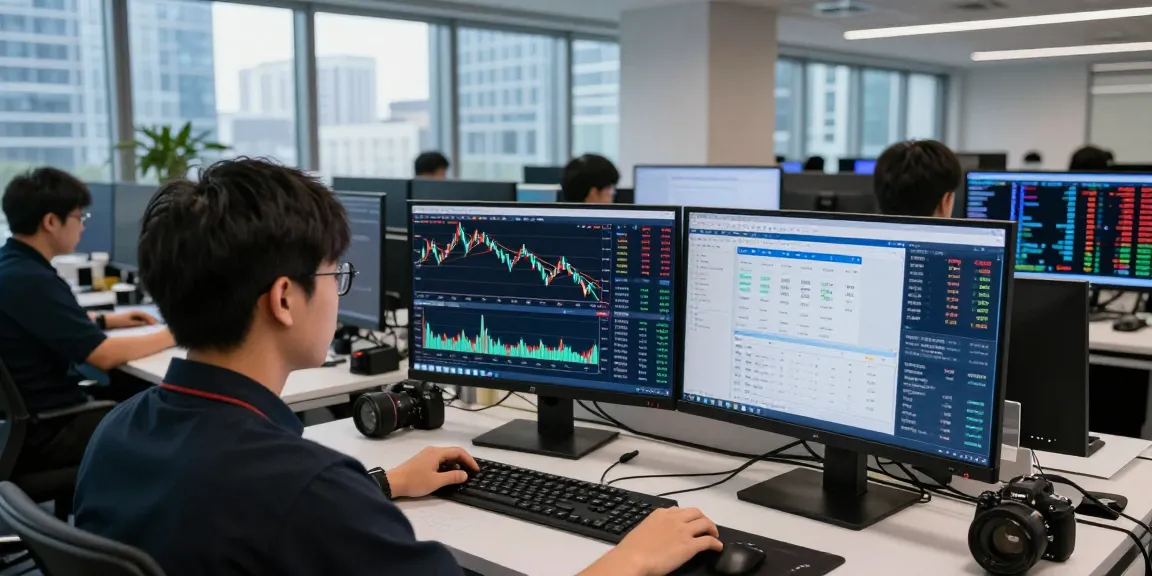 通过中概股报价API实现实时市场数据分析的交易员，展示金融科技办公室的动态交易环境。