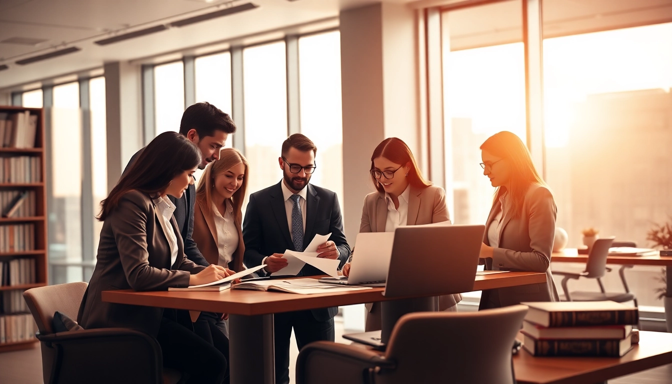 Legal Recoveries advisory meeting with professionals collaborating over documents in an office.