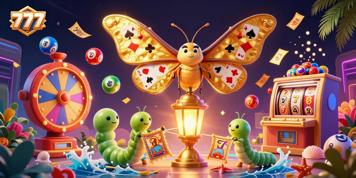 Engage in thrilling casino action with 777 featuring a vibrant lottery scene and golden moth in this illustration.