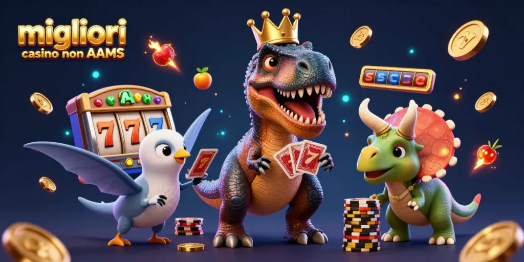I migliori casino non AAMS ecco una scena animata con un T-Rex che gioca a carte.