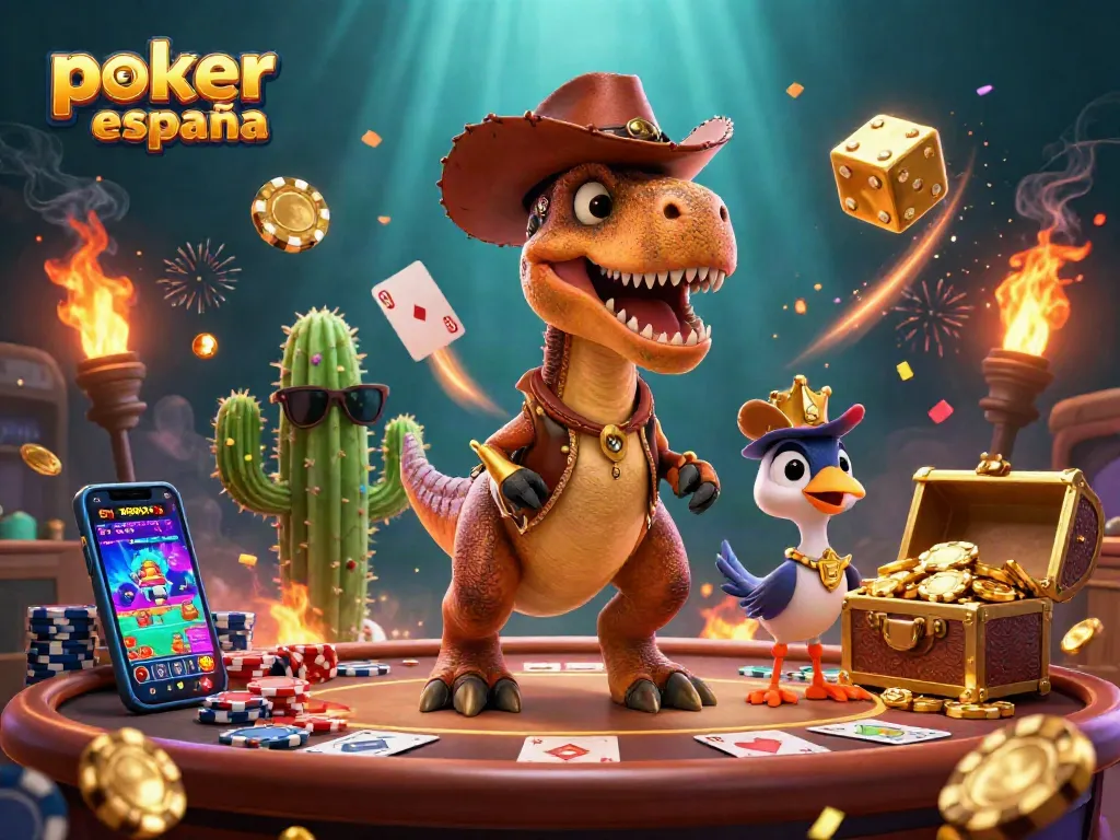 Juega poker españa online mientras disfrutas de una escena dinámica con personajes divertidos y elementos vibrantes.