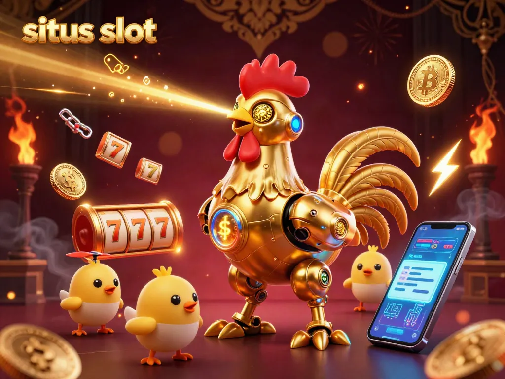 Sitas slot themed illustration featuring a dynamic golden rooster robot with slots and crypto elements