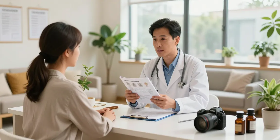 Consultation at 수원한의원 with healthcare professional discussing holistic remedies in a welcoming clinic.