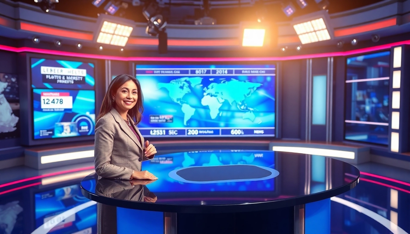 News anchor presenting the latest news from a modern studio with vibrant colors and screens.
