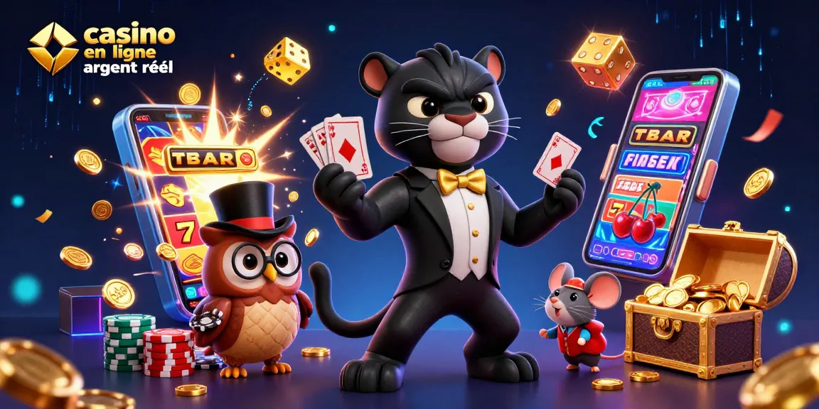 Jouez dans un casino en ligne argent réel avec une illustration dynamique de personnages de jeu, symboles de jackpot et ambiance festive.