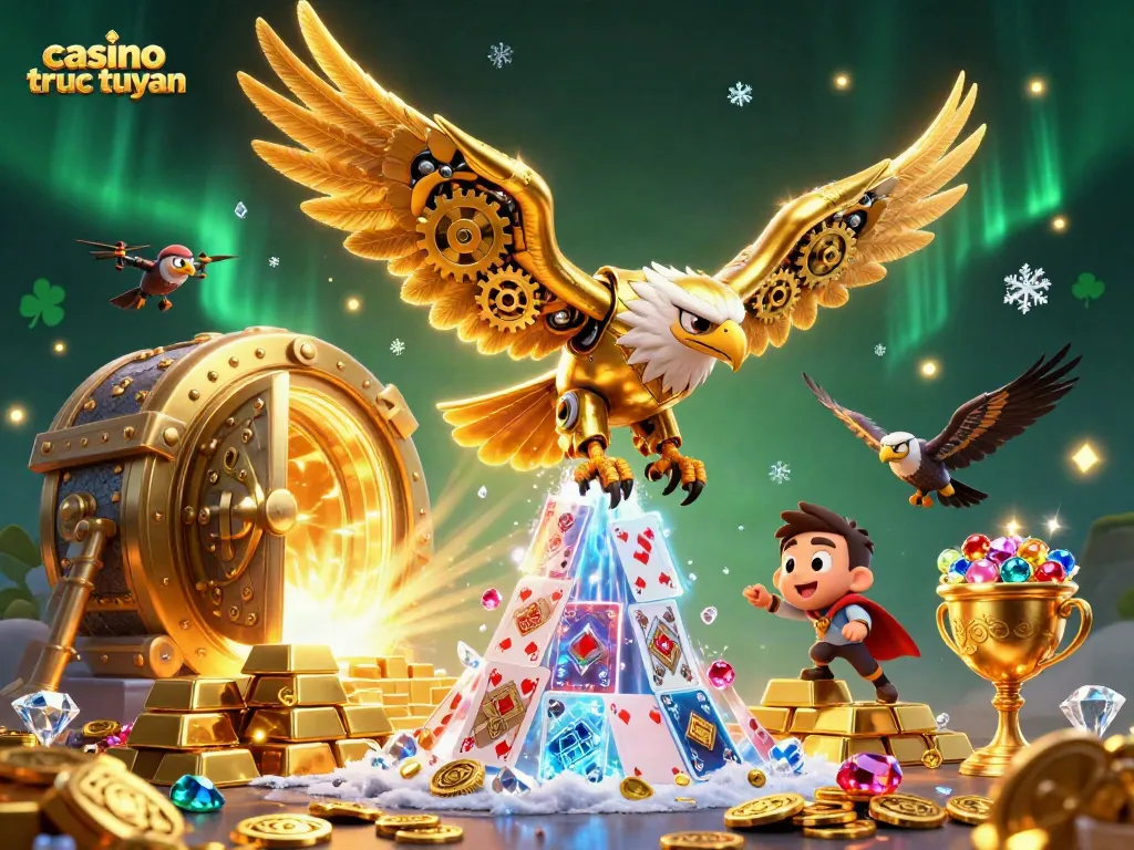 Chơi casino trực tuyến với hình ảnh đại bàng vàng 3D và những thẻ bài holographic.