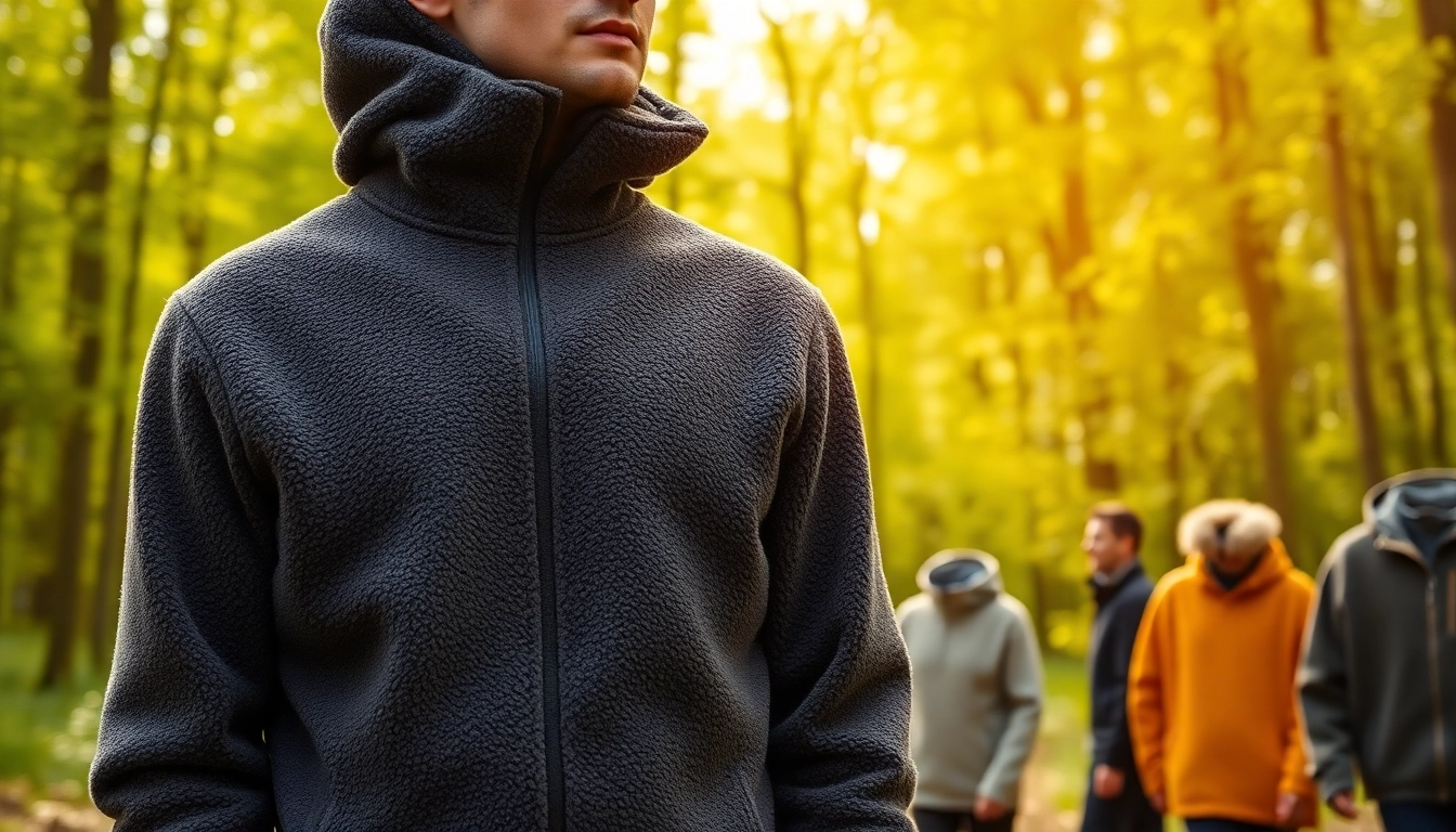 Fleece kleding op een model in de natuur met textuur details en verschillende kleuren.