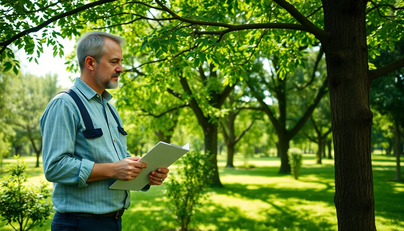 Tree Consultancy expert assessing a tree's health in a vibrant park setting.